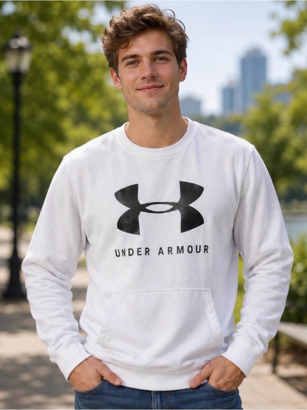 Men’s XL Under Armour White Sweatshirt with Black Lettering, Pockets